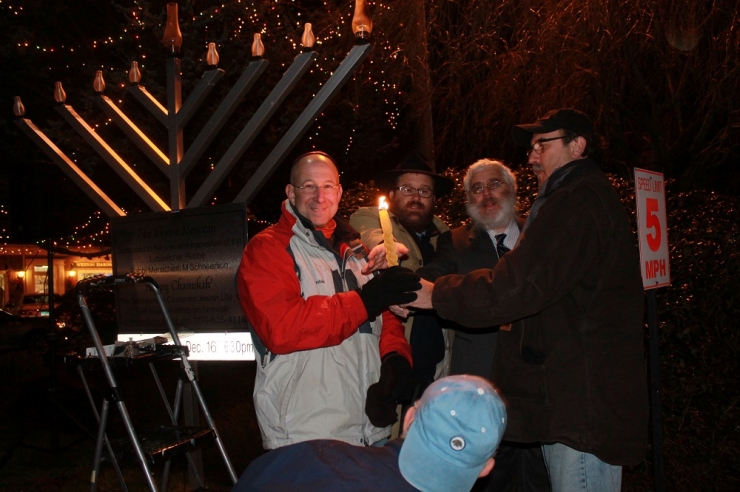 Lighting the Weston Menorah, Rabbi Levi and Stone and Rabbi Yehoshua Hecht and the Local EMS and FD officials